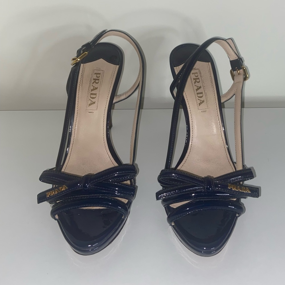 Authentic Vintage Blue Patent Leather Bow Open Toe Slingback Heels